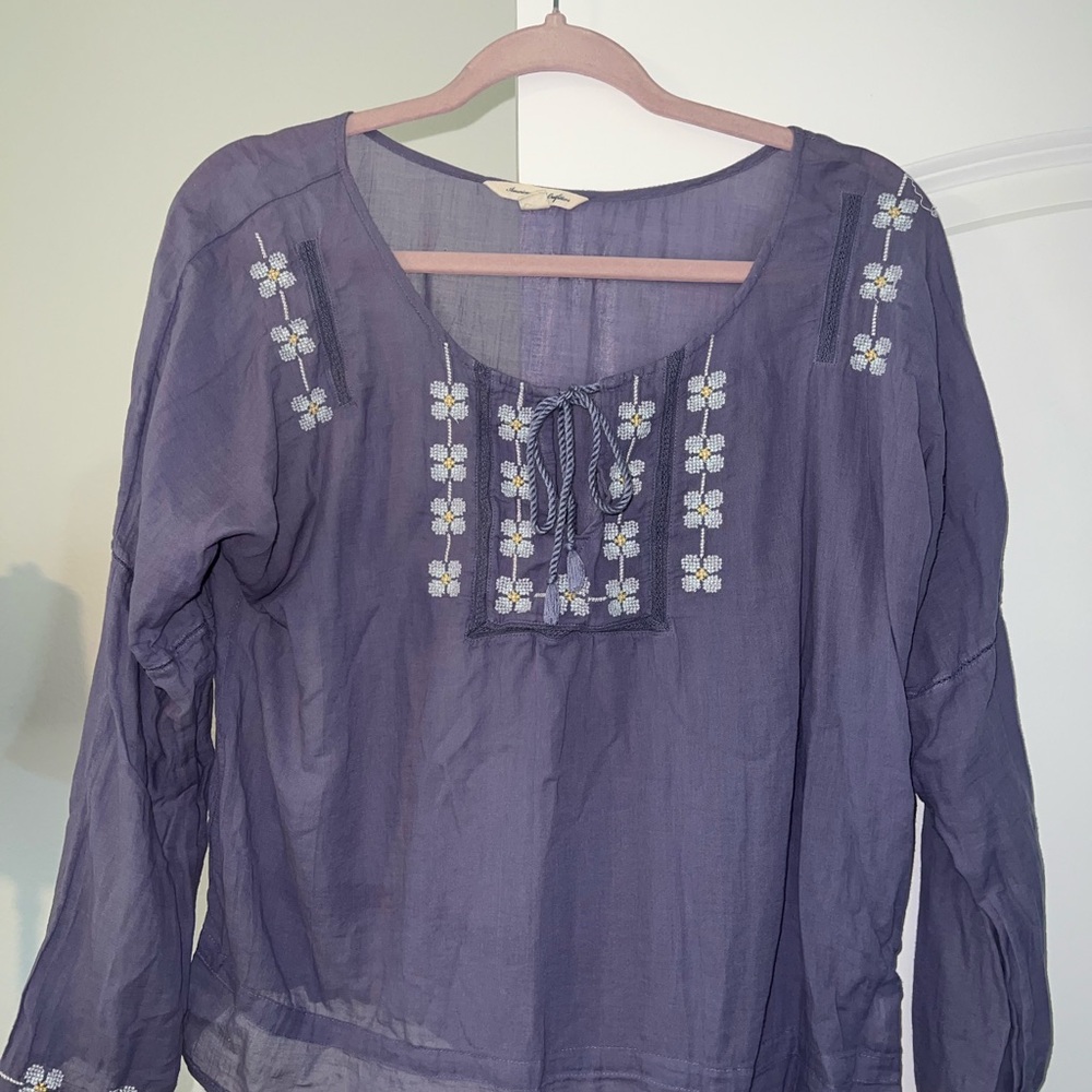 American Eagle Outfitters Purple Blouse with Embroidered Details